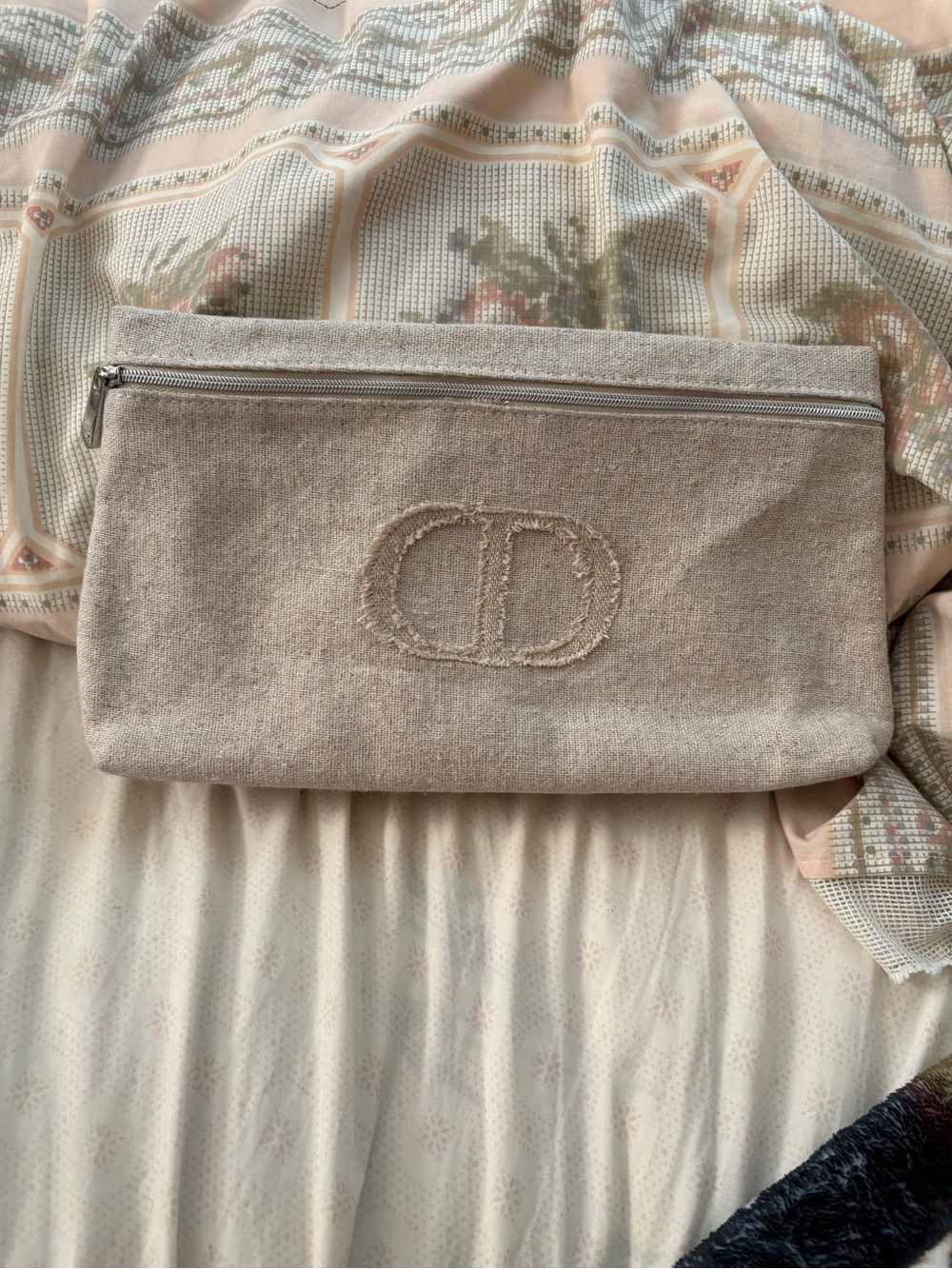 Dior Beige Canvas Zip Cosmetic Pouch with Embroidered CD Logo
